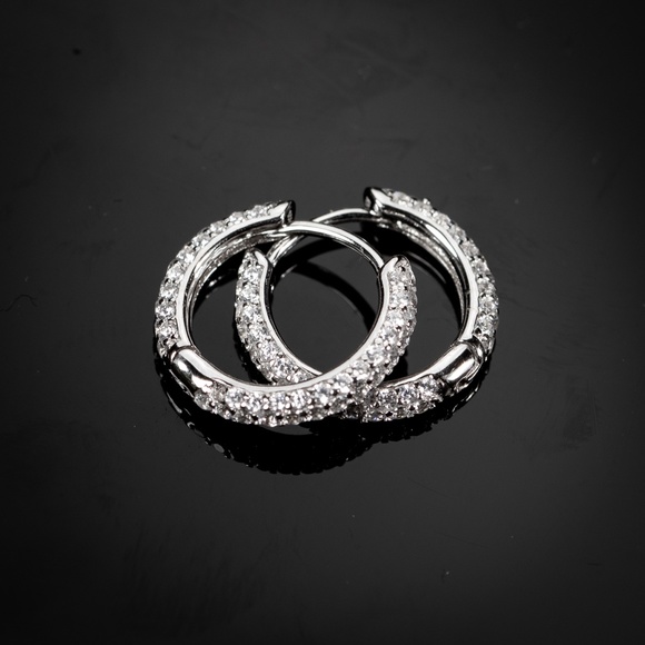 Thin White Gold 925 Sterling Silver Elegant Iced CZ Men's Huggie Hoop Earrings - Picture 2 of 4